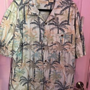 Island Republic Tropical Palm Button-Down Shirt in Blue, Tan, Green